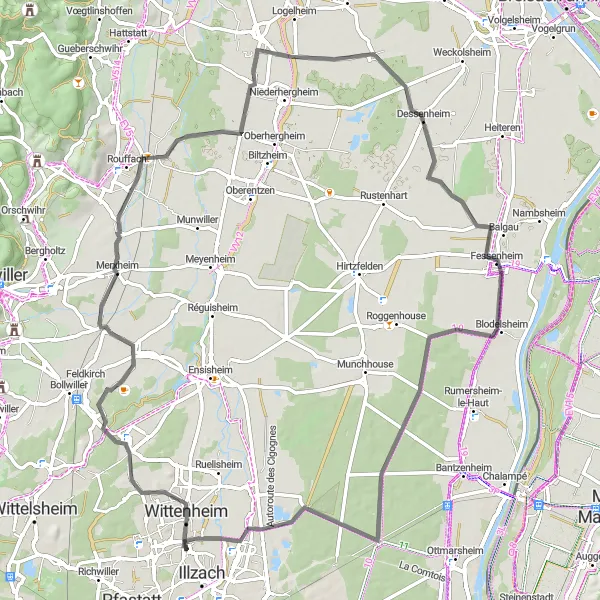 Miniature de la carte de l'inspiration cycliste "Parcours Cycliste à travers les Vignobles d'Alsace" dans la Alsace, France. Générée par le planificateur d'itinéraire cycliste Tarmacs.app
