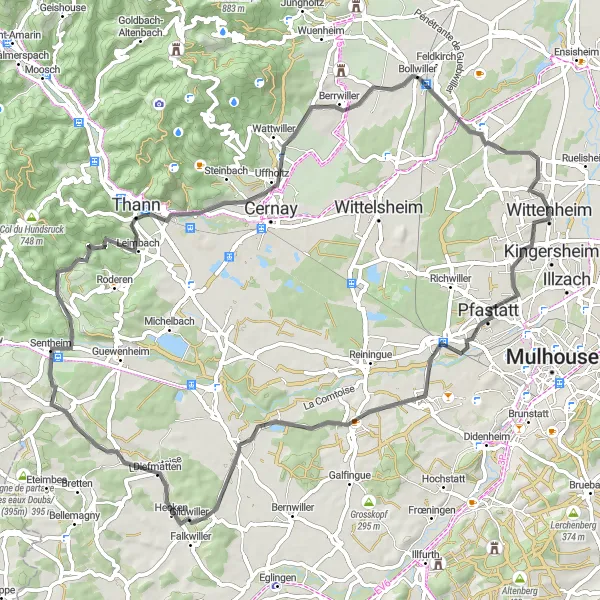 Miniature de la carte de l'inspiration cycliste "Boucle à travers Heimsbrunn et Pulversheim" dans la Alsace, France. Générée par le planificateur d'itinéraire cycliste Tarmacs.app