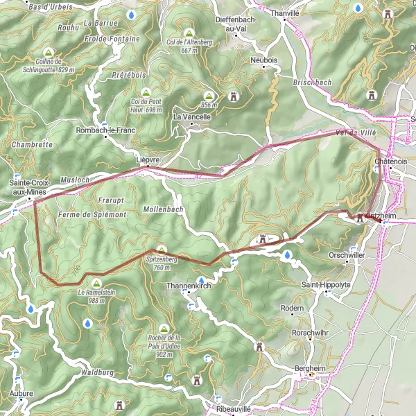 Miniature de la carte de l'inspiration cycliste "Parcours à vélo Gravel près de Kintzheim" dans la Alsace, France. Générée par le planificateur d'itinéraire cycliste Tarmacs.app