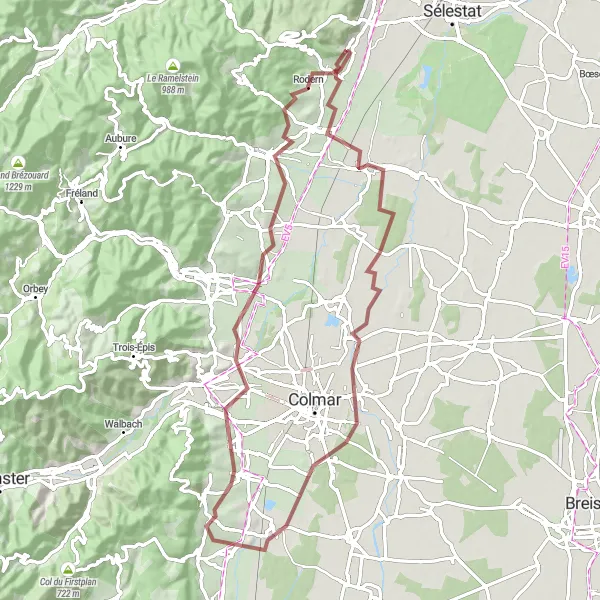 Miniature de la carte de l'inspiration cycliste "Parcours à vélo Gravel pittoresque autour de Kintzheim" dans la Alsace, France. Générée par le planificateur d'itinéraire cycliste Tarmacs.app