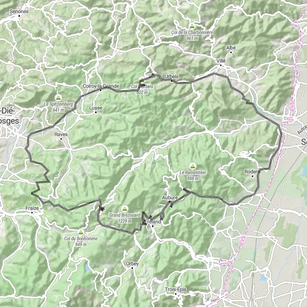 Miniature de la carte de l'inspiration cycliste "Défi des Cols d'Alsace" dans la Alsace, France. Générée par le planificateur d'itinéraire cycliste Tarmacs.app