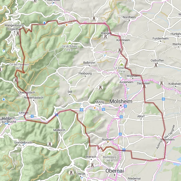 Miniature de la carte de l'inspiration cycliste "Boucle gravel autour de Marlenheim" dans la Alsace, France. Générée par le planificateur d'itinéraire cycliste Tarmacs.app