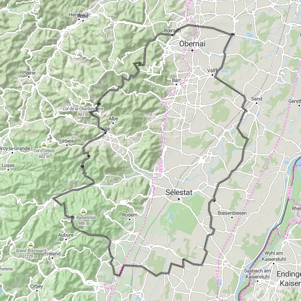 Miniature de la carte de l'inspiration cycliste "Les châteaux et vignobles d'Alsace" dans la Alsace, France. Générée par le planificateur d'itinéraire cycliste Tarmacs.app