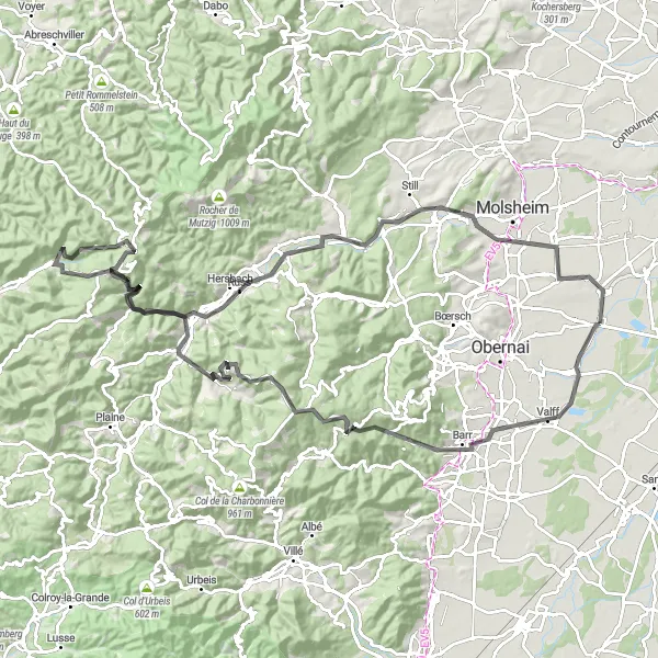 Map miniature of "The Road Less Traveled" cycling inspiration in Alsace, France. Generated by Tarmacs.app cycling route planner