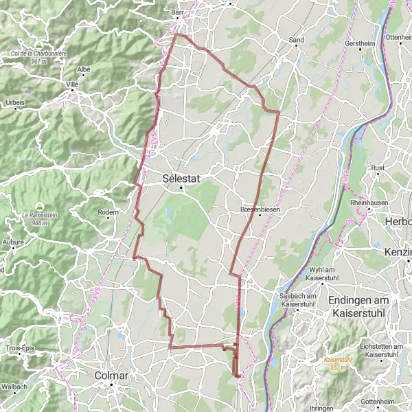 Miniature de la carte de l'inspiration cycliste "Escapade dans le Vignoble" dans la Alsace, France. Générée par le planificateur d'itinéraire cycliste Tarmacs.app