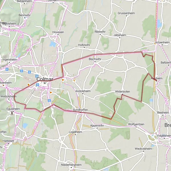 Map miniature of "The Harvest Trails" cycling inspiration in Alsace, France. Generated by Tarmacs.app cycling route planner