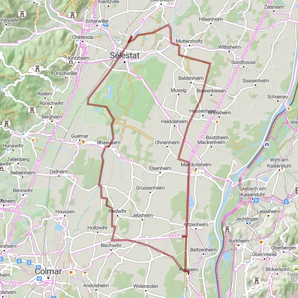 Map miniature of "Gravel adventure through Alsace countryside" cycling inspiration in Alsace, France. Generated by Tarmacs.app cycling route planner