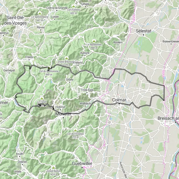 Miniature de la carte de l'inspiration cycliste "Route des cascades et des cols" dans la Alsace, France. Générée par le planificateur d'itinéraire cycliste Tarmacs.app