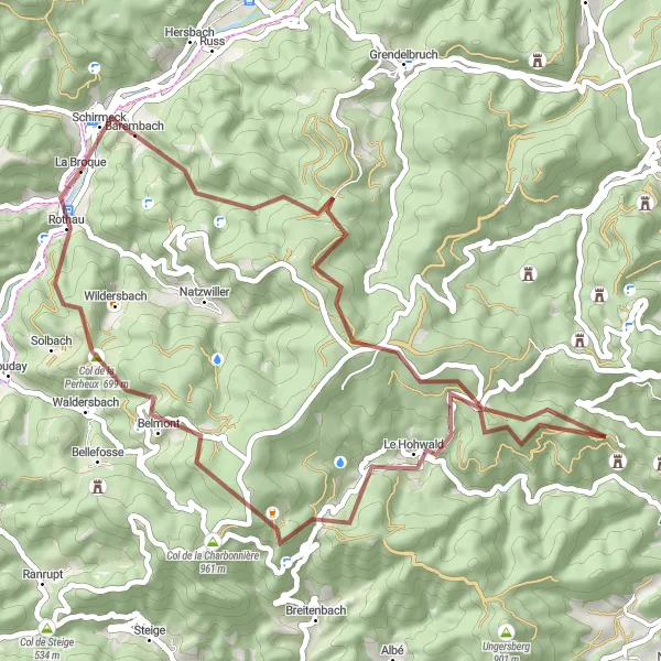 Miniature de la carte de l'inspiration cycliste "Trésors cachés des Vosges" dans la Alsace, France. Générée par le planificateur d'itinéraire cycliste Tarmacs.app