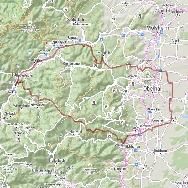 Map miniature of "Forest Valley Gravel Loop" cycling inspiration in Alsace, France. Generated by Tarmacs.app cycling route planner