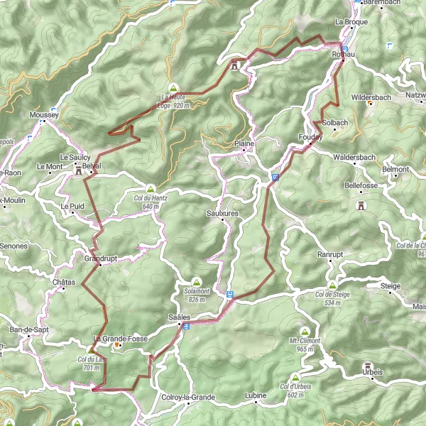 Miniature de la carte de l'inspiration cycliste "Aventure Gravel à La Broque" dans la Alsace, France. Générée par le planificateur d'itinéraire cycliste Tarmacs.app