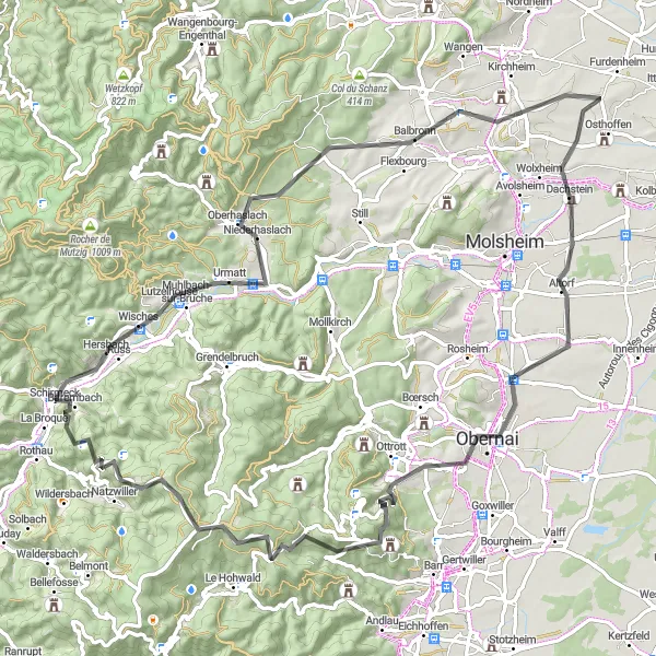 Map miniature of "Wisches to Barembach Loop" cycling inspiration in Alsace, France. Generated by Tarmacs.app cycling route planner