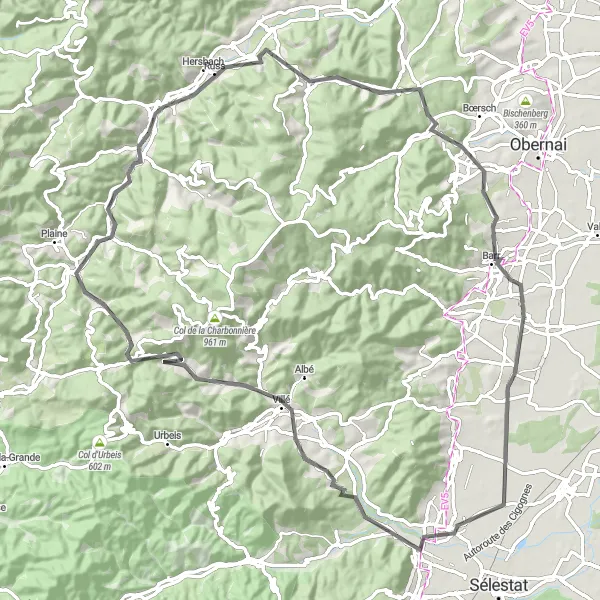 Map miniature of "Barembach Loop" cycling inspiration in Alsace, France. Generated by Tarmacs.app cycling route planner