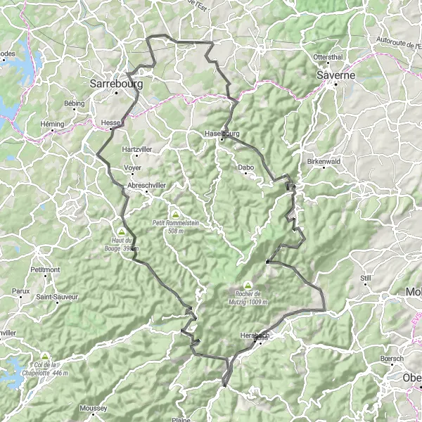 Map miniature of "Donon Adventure" cycling inspiration in Alsace, France. Generated by Tarmacs.app cycling route planner