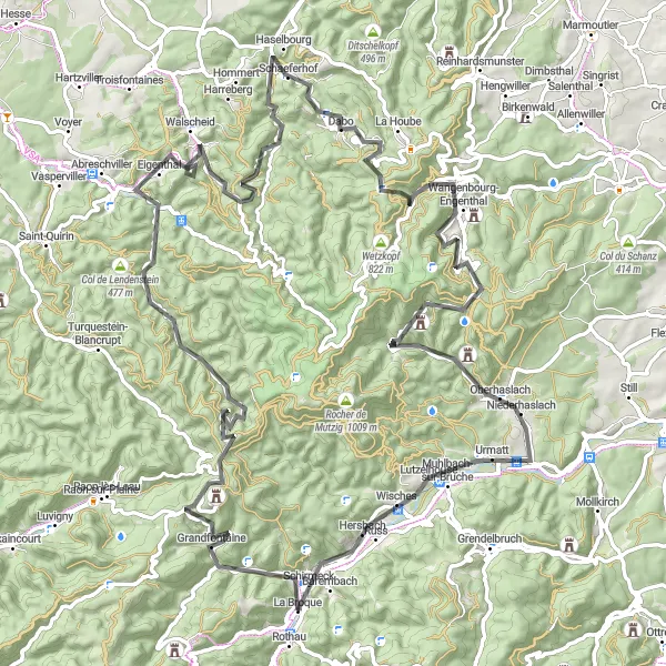 Map miniature of "Mountain Challenge" cycling inspiration in Alsace, France. Generated by Tarmacs.app cycling route planner