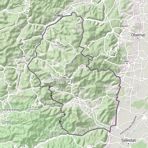 Miniature de la carte de l'inspiration cycliste "Barembach et au-delà" dans la Alsace, France. Générée par le planificateur d'itinéraire cycliste Tarmacs.app