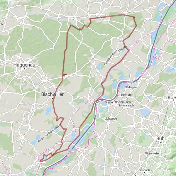 Miniature de la carte de l'inspiration cycliste "Circuit de la Bruche à travers les villages alsaciens" dans la Alsace, France. Générée par le planificateur d'itinéraire cycliste Tarmacs.app