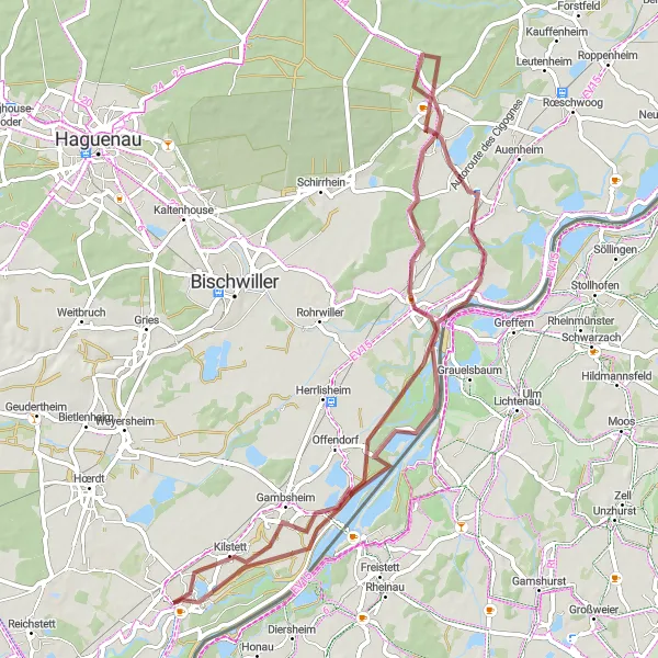 Map miniature of "Micro Centrale Électrique-Drusenheim-Sessenheim-Friederikenruhe-Gambsheim La Wantzenau Loop" cycling inspiration in Alsace, France. Generated by Tarmacs.app cycling route planner