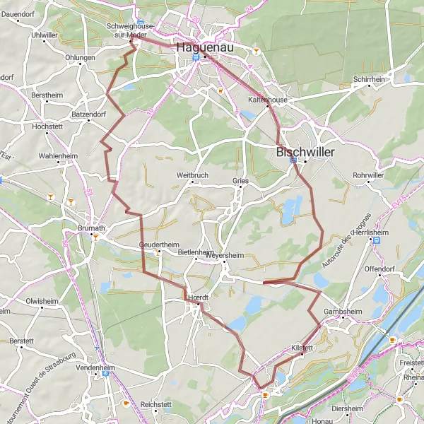 Map miniature of "Geudertheim-Kriegsheim-Schweighouse-sur-Moder-Bischwiller-Kilstett Circuit" cycling inspiration in Alsace, France. Generated by Tarmacs.app cycling route planner