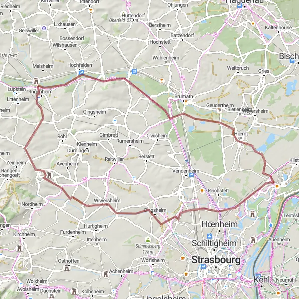 Map miniature of "Dingsheim-Dossenheim-Kochersberg-Kochersberg-Schwindratzheim-La Wantzenau Loop" cycling inspiration in Alsace, France. Generated by Tarmacs.app cycling route planner
