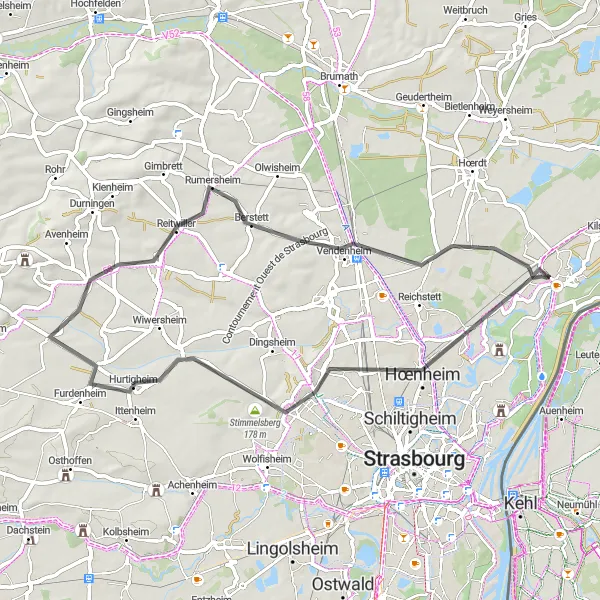 Miniature de la carte de l'inspiration cycliste "La Wantzenau - Mittelhausbergen - Schnersheim - Vendenheim - La Wantzenau" dans la Alsace, France. Générée par le planificateur d'itinéraire cycliste Tarmacs.app