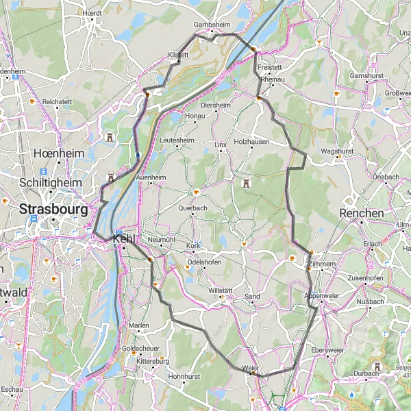 Map miniature of "Gambsheim to La Wantzenau Circuit" cycling inspiration in Alsace, France. Generated by Tarmacs.app cycling route planner