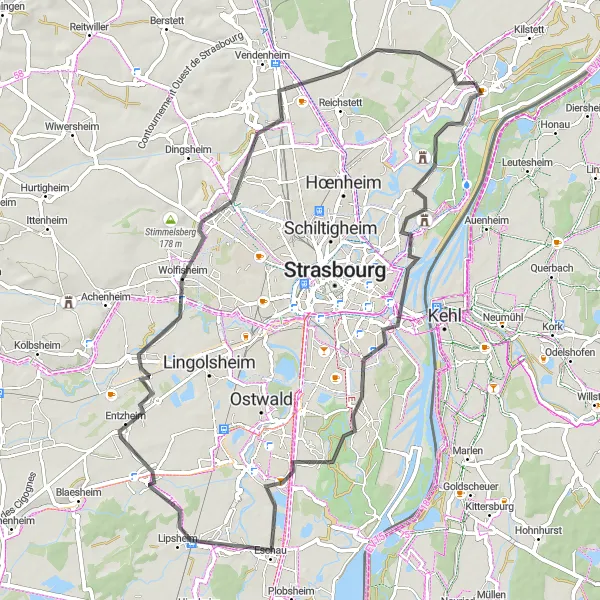 Map miniature of "Château de Pourtalès Loop" cycling inspiration in Alsace, France. Generated by Tarmacs.app cycling route planner