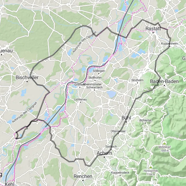 Map miniature of "Kilstett-Bischwiller-Beinheim-Kuppenheim-Fremersberg-Bühl-Achern-Gambsheim-La Wantzenau Loop" cycling inspiration in Alsace, France. Generated by Tarmacs.app cycling route planner