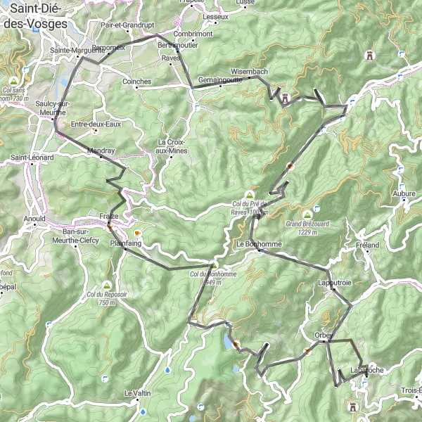 Map miniature of "The Vosges grand tour" cycling inspiration in Alsace, France. Generated by Tarmacs.app cycling route planner