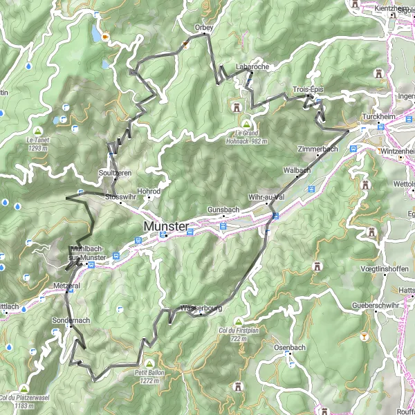 Map miniature of "Scenic Road Cycling through Munster Valley" cycling inspiration in Alsace, France. Generated by Tarmacs.app cycling route planner