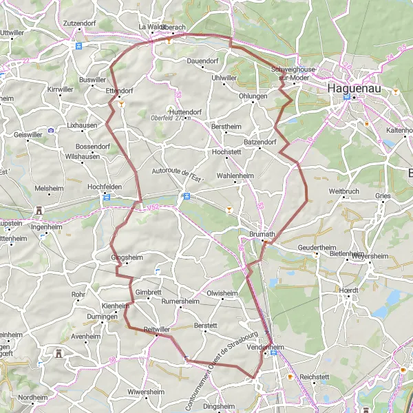 Miniature de la carte de l'inspiration cycliste "Itinéraire gravel à travers les collines alsaciennes" dans la Alsace, France. Générée par le planificateur d'itinéraire cycliste Tarmacs.app