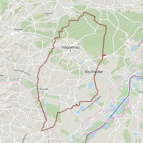 Miniature de la carte de l'inspiration cycliste "Les Trésors Cachés du Bas-Rhin" dans la Alsace, France. Générée par le planificateur d'itinéraire cycliste Tarmacs.app