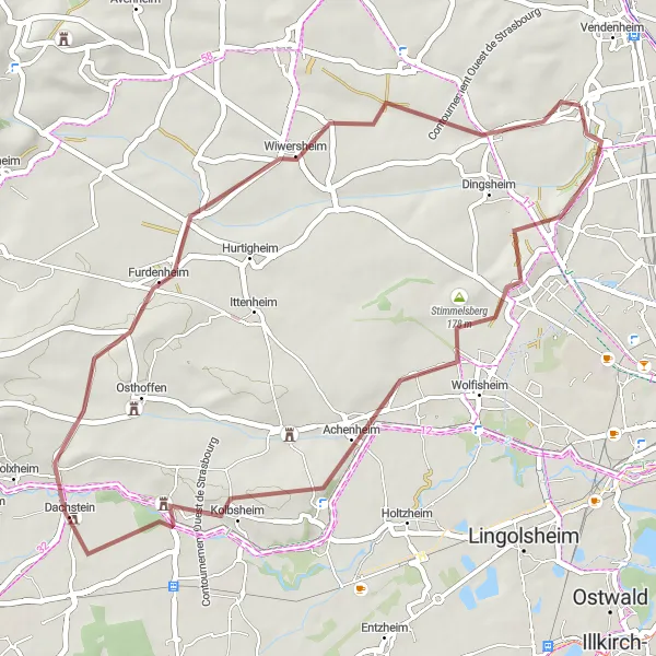 Miniature de la carte de l'inspiration cycliste "Le Circuit des Chemins de Terre" dans la Alsace, France. Générée par le planificateur d'itinéraire cycliste Tarmacs.app