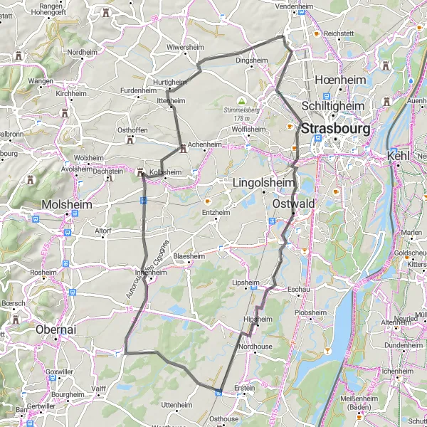 Miniature de la carte de l'inspiration cycliste "Les Charmes du Bas-Rhin" dans la Alsace, France. Générée par le planificateur d'itinéraire cycliste Tarmacs.app