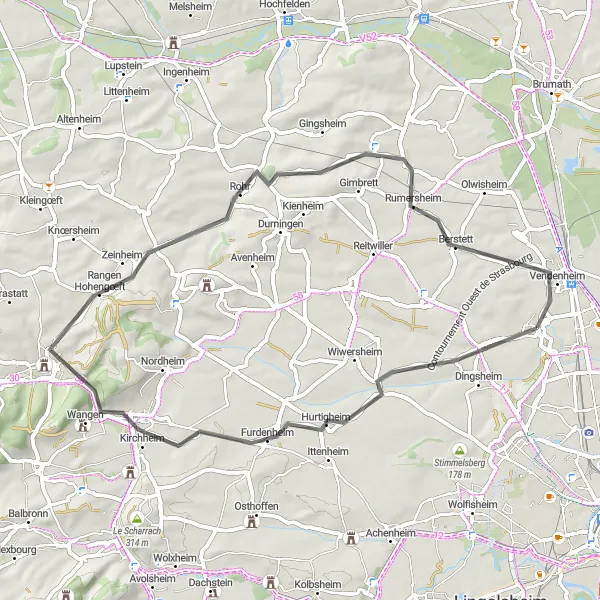 Map miniature of "The Lampertheim Loop" cycling inspiration in Alsace, France. Generated by Tarmacs.app cycling route planner