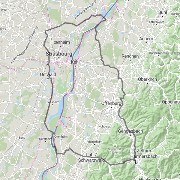 Map miniature of "Kilstett to Lahr Road Cycling Epic" cycling inspiration in Alsace, France. Generated by Tarmacs.app cycling route planner