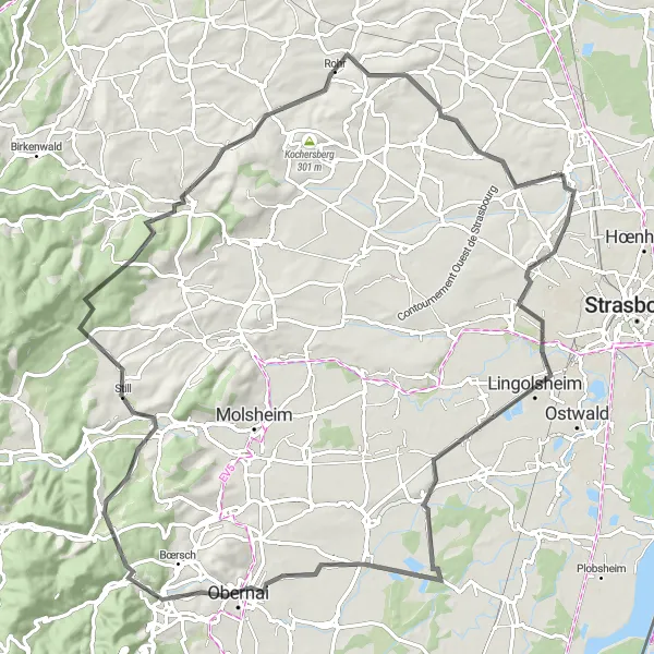 Miniature de la carte de l'inspiration cycliste "Le Tour des Vignobles et Châteaux" dans la Alsace, France. Générée par le planificateur d'itinéraire cycliste Tarmacs.app