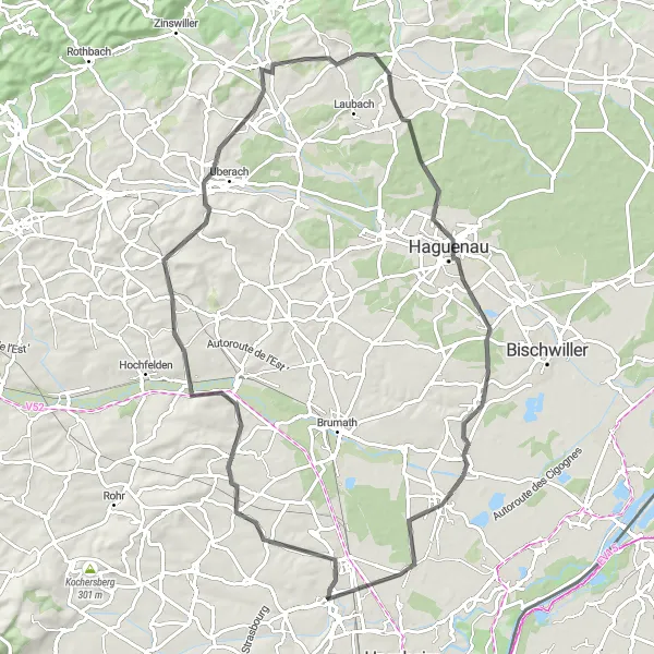 Miniature de la carte de l'inspiration cycliste "La Route des Villages d'Alsace" dans la Alsace, France. Générée par le planificateur d'itinéraire cycliste Tarmacs.app