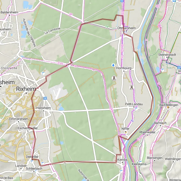 Map miniature of "Gravel Adventure through Natural Landscapes" cycling inspiration in Alsace, France. Generated by Tarmacs.app cycling route planner