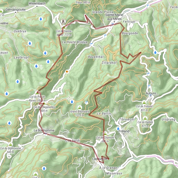 Miniature de la carte de l'inspiration cycliste "Les Chemins de la Vallée des Lacs" dans la Alsace, France. Générée par le planificateur d'itinéraire cycliste Tarmacs.app