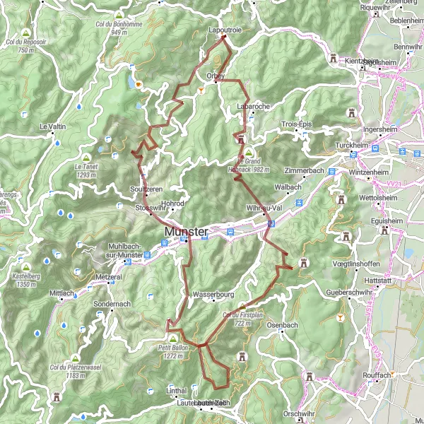 Miniature de la carte de l'inspiration cycliste "Les Chemins de l'Orbey" dans la Alsace, France. Générée par le planificateur d'itinéraire cycliste Tarmacs.app