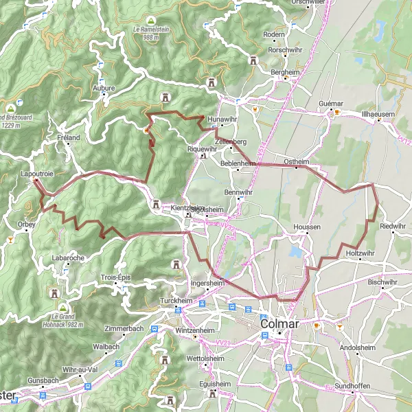 Miniature de la carte de l'inspiration cycliste "Les Vignobles d'Alsace" dans la Alsace, France. Générée par le planificateur d'itinéraire cycliste Tarmacs.app
