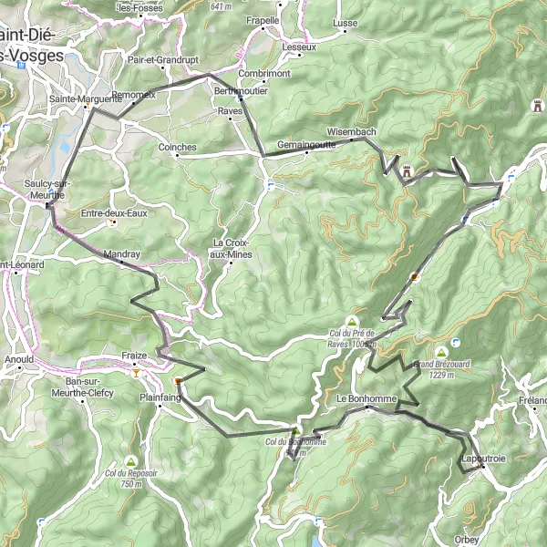 Miniature de la carte de l'inspiration cycliste "Les sommets d'Alsace en vélo de route" dans la Alsace, France. Générée par le planificateur d'itinéraire cycliste Tarmacs.app