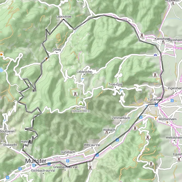 Miniature de la carte de l'inspiration cycliste "Parcours à travers les Vignobles" dans la Alsace, France. Générée par le planificateur d'itinéraire cycliste Tarmacs.app