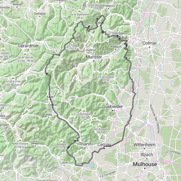 Map miniature of "The Alsace Adventure" cycling inspiration in Alsace, France. Generated by Tarmacs.app cycling route planner