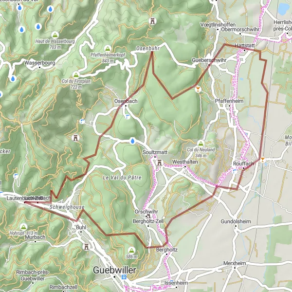 Miniature de la carte de l'inspiration cycliste "Escapade dans les Vignobles" dans la Alsace, France. Générée par le planificateur d'itinéraire cycliste Tarmacs.app