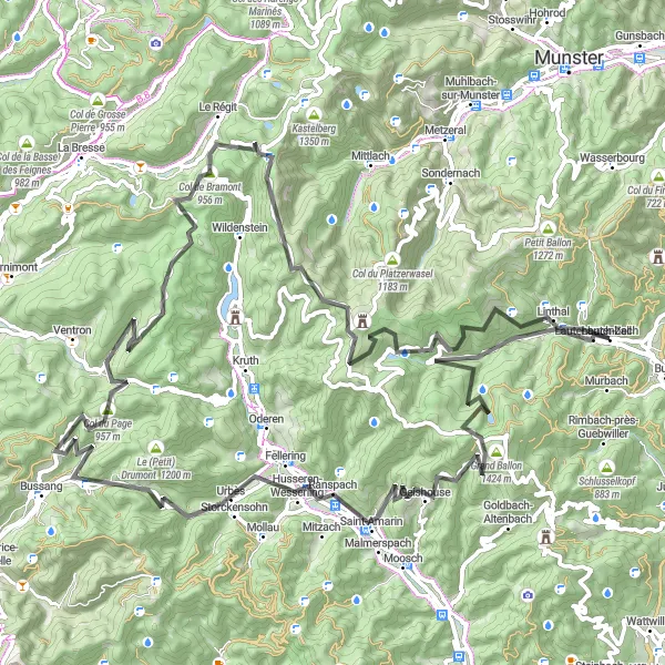 Map miniature of "The Epic Road Cycling Journey to Grand Ballon" cycling inspiration in Alsace, France. Generated by Tarmacs.app cycling route planner