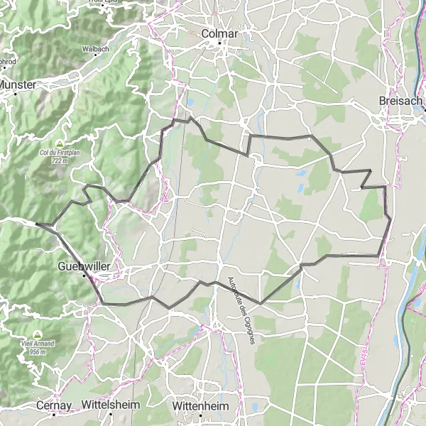 Miniature de la carte de l'inspiration cycliste "Boucle des Villages Alsaciens" dans la Alsace, France. Générée par le planificateur d'itinéraire cycliste Tarmacs.app
