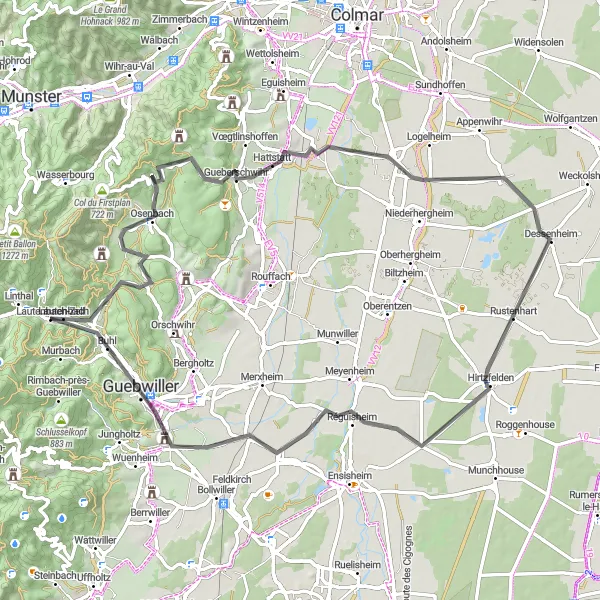 Miniature de la carte de l'inspiration cycliste "Les collines et vignobles d'Alsace" dans la Alsace, France. Générée par le planificateur d'itinéraire cycliste Tarmacs.app