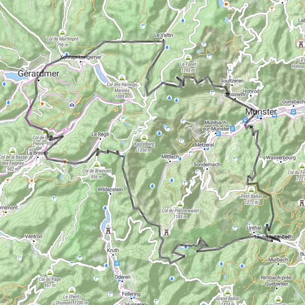 Miniature de la carte de l'inspiration cycliste "Route des Crêtes" dans la Alsace, France. Générée par le planificateur d'itinéraire cycliste Tarmacs.app